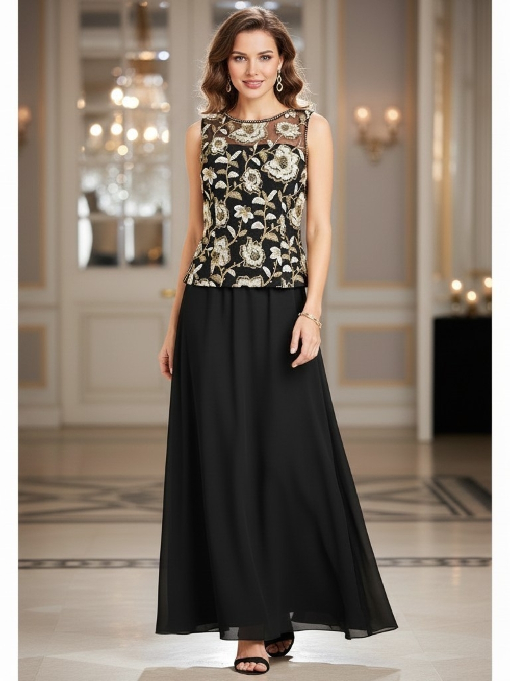 Alex Evenings Floral Embroidered Maxi Gown Black Gold Size 16